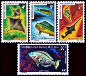 AFARS E ISSAS/SELLOS, 1971 -  PECES - YV 372/74 + A 56 - 3 VALORES + AEREO - MINT