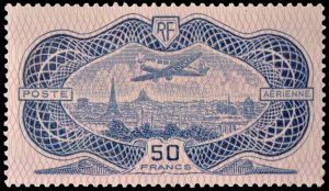 FRANCIA/SELLOS, 1936 – BURELAGE ROSA – AVION SOBREVOLANDO PARIS – YV A 15 - CORREO AEREO – NUEVO CON BISAGRA