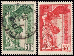 FRANCIA/SELLOS, 1937 - MUSEO DEL LOUVRE - LA VICTORIA ALADA DE SAMOTRACIA - YV 354/55 - 2 VALORES - MATASELLADOS