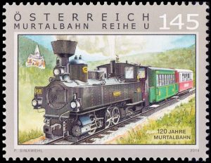 AUSTRIA/SELLOS, 2014 - LOCOMOTORA - 120 ANIVERASRIO DE LA LINEA DE TRENES DE MURTALBAHN - YV 2992 - 1 VALOR - MINT