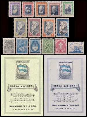 ARGENTINA – 1944 AÑO COMPLETO SENIOR – 15 CONMEMORATIVOS + 2 BLOQUE – MINT