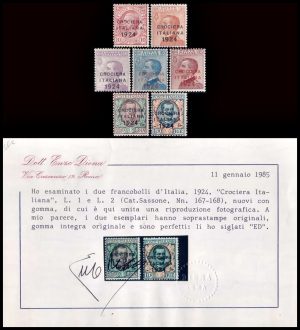 ITALIA/SELLOS, 1924 - CROCIERA ITALIANA 1924 - YV 156/62 + 7 VALORES - CON CERTIFICADO DE LOS 2 VALORES MAS ALTOS - MINT