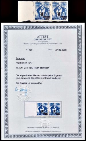 SARRE/SELLOS, 1947 – SELLO CON DOBLE IMPRESION – MICHEL 231 II DD – PAR – CON CERTIFICADO – MINT