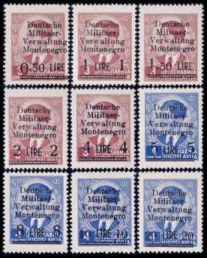 MONTENEGRO/SELLOS, 1943 - EMISION BAJO LA OCUPACION ALEMANA - SCOTT 3N1/9 - 9 VALORES - NUEVO - BISAGRA