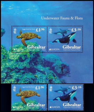 GIBRALTAR/SELLOS, 2024 - TEMA EUROPA - FAUNA MARINA - 2 VALORES + BLOQUE - MINT