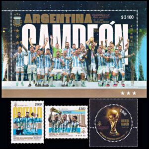 ARGENTINA/SELLOS, 2023 – FUTBOL – CAMPEONATO MUNDIAL "QATAR 2022" – CAT GJ 4478/80 + HB 295  - 3 VALORES + BLOQUE – MINT